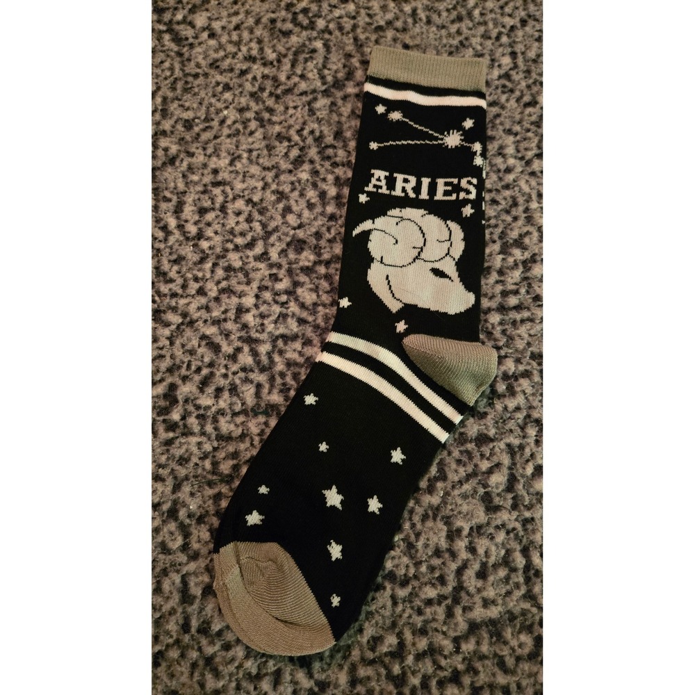Aries Zodiac Crew Fashion Socks Black Grey Celestial Ram Constellation Size 9-11